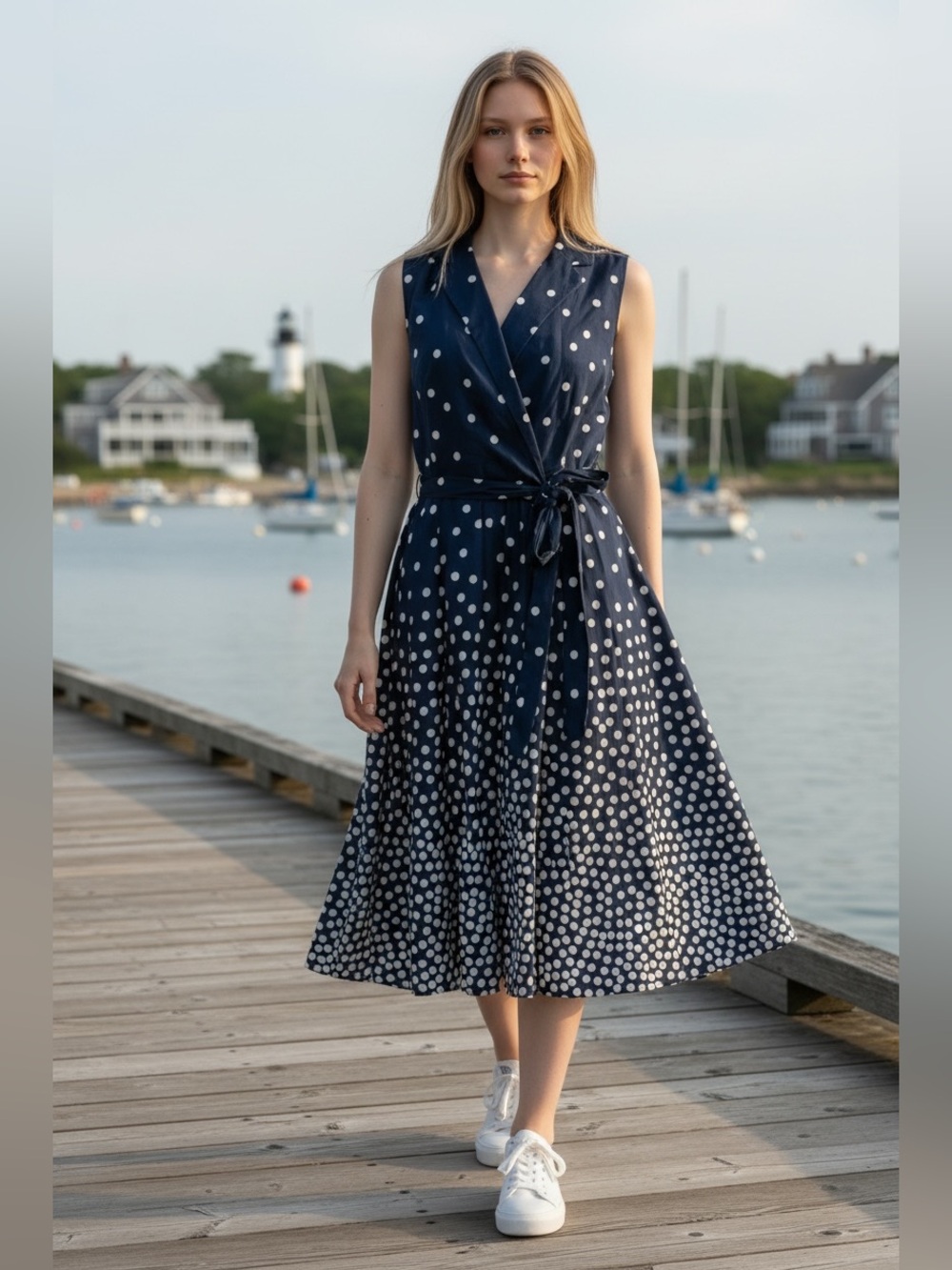 Catherine Malandrino Navy and White Polka Dot Faux Midi Wrap Dress